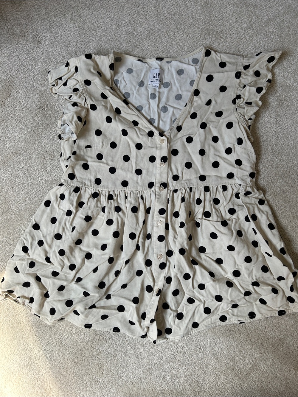GAP Cream Top with Black Polka Dots and Ruffled Sleeves